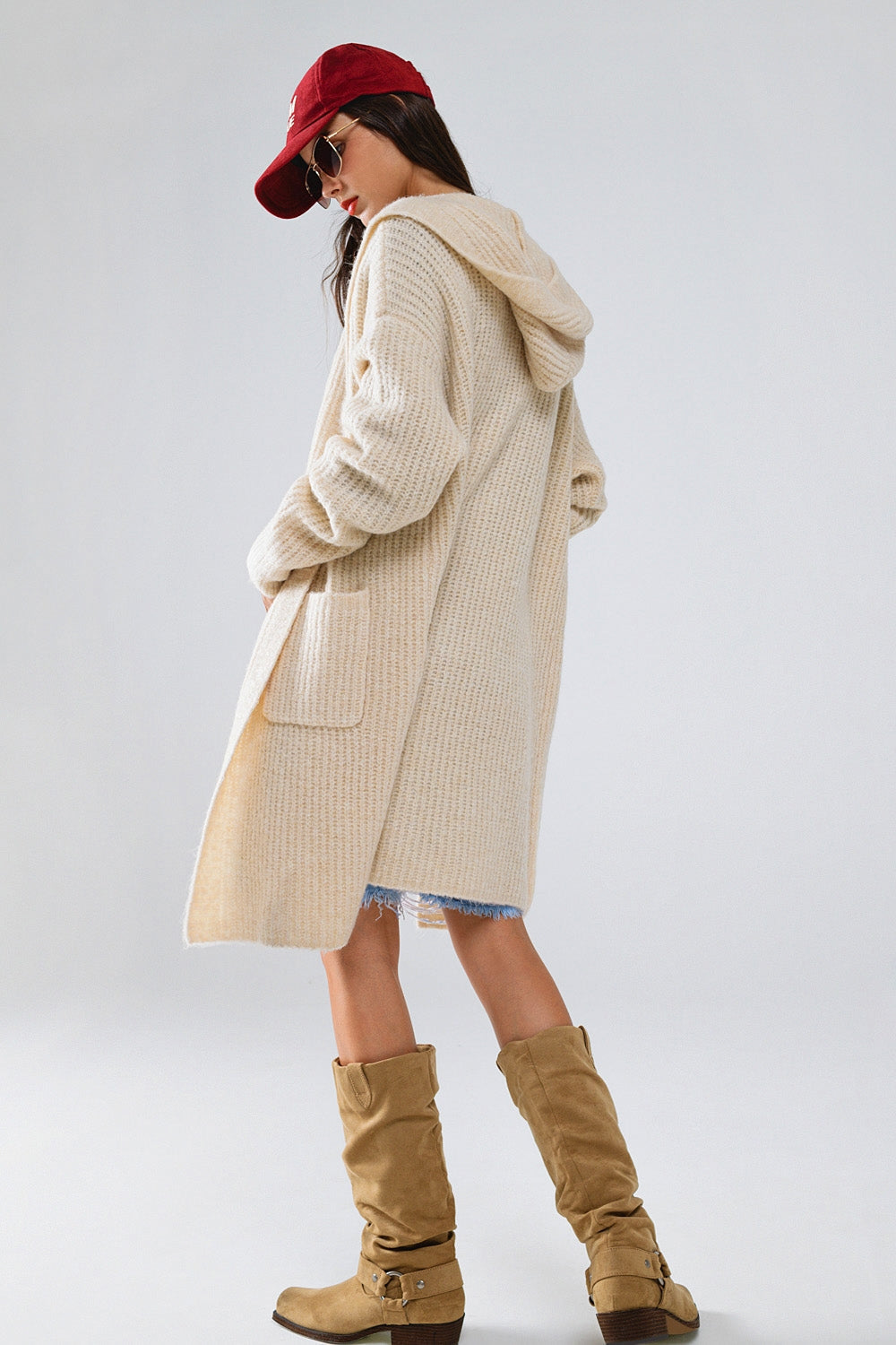 Q2 Long Ribbed Cardigan With Pockes and Hood in Cream