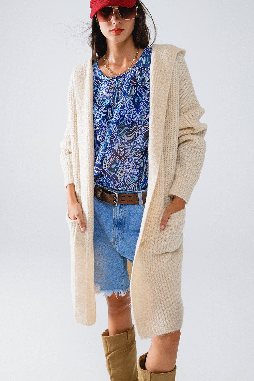 Q2 Long Ribbed Cardigan With Pockes and Hood in Cream