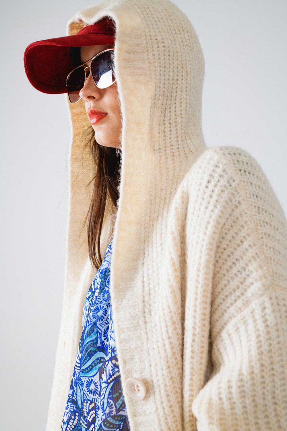 Q2 Long Ribbed Cardigan With Pockes and Hood in Cream